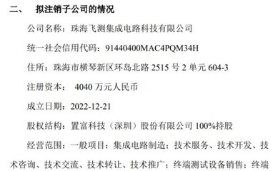 置富科技擬注銷子公司珠海飛測集成電路科技，優(yōu)化業(yè)務(wù)布局聚焦核心